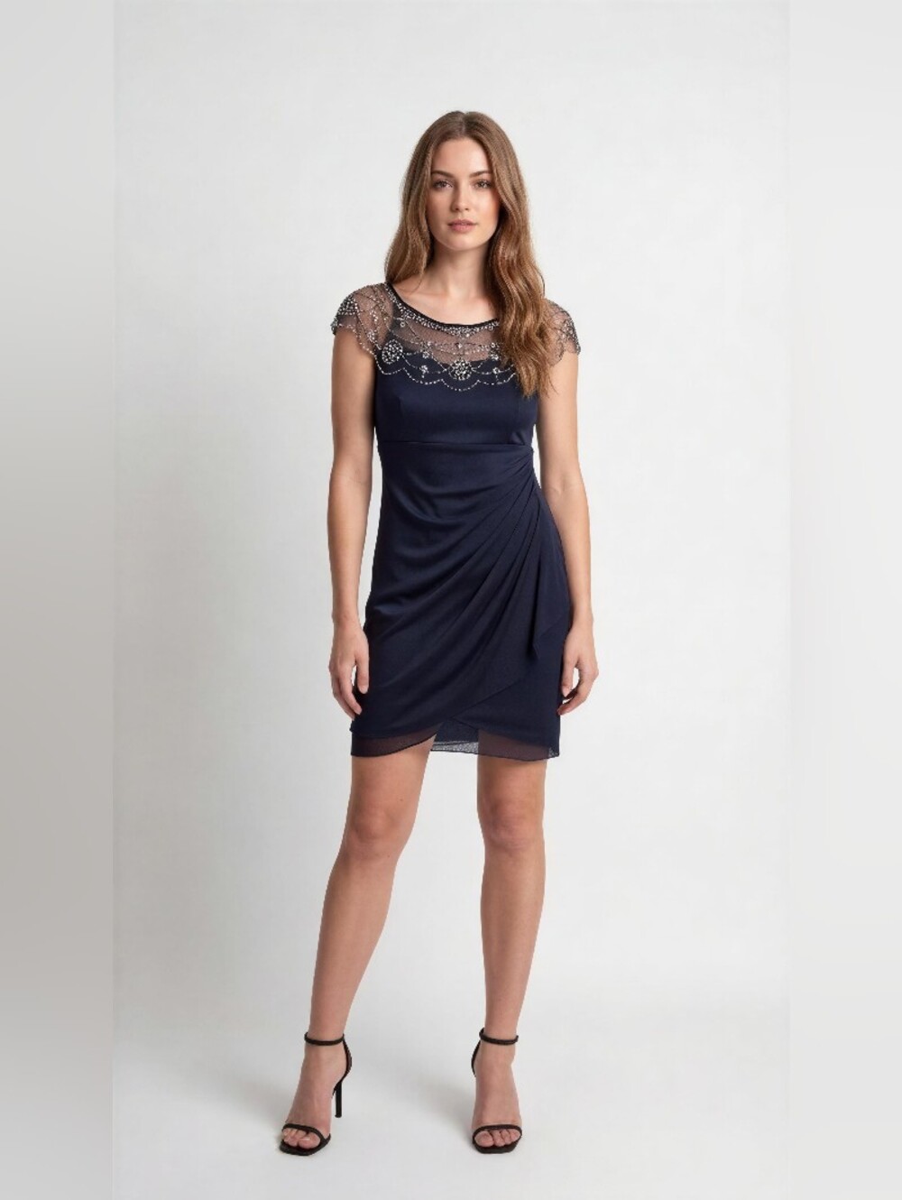 X By XSCAPE IN Embellished BLACK/Navy Sheath Dress with Illusion Yoke SIZE 16